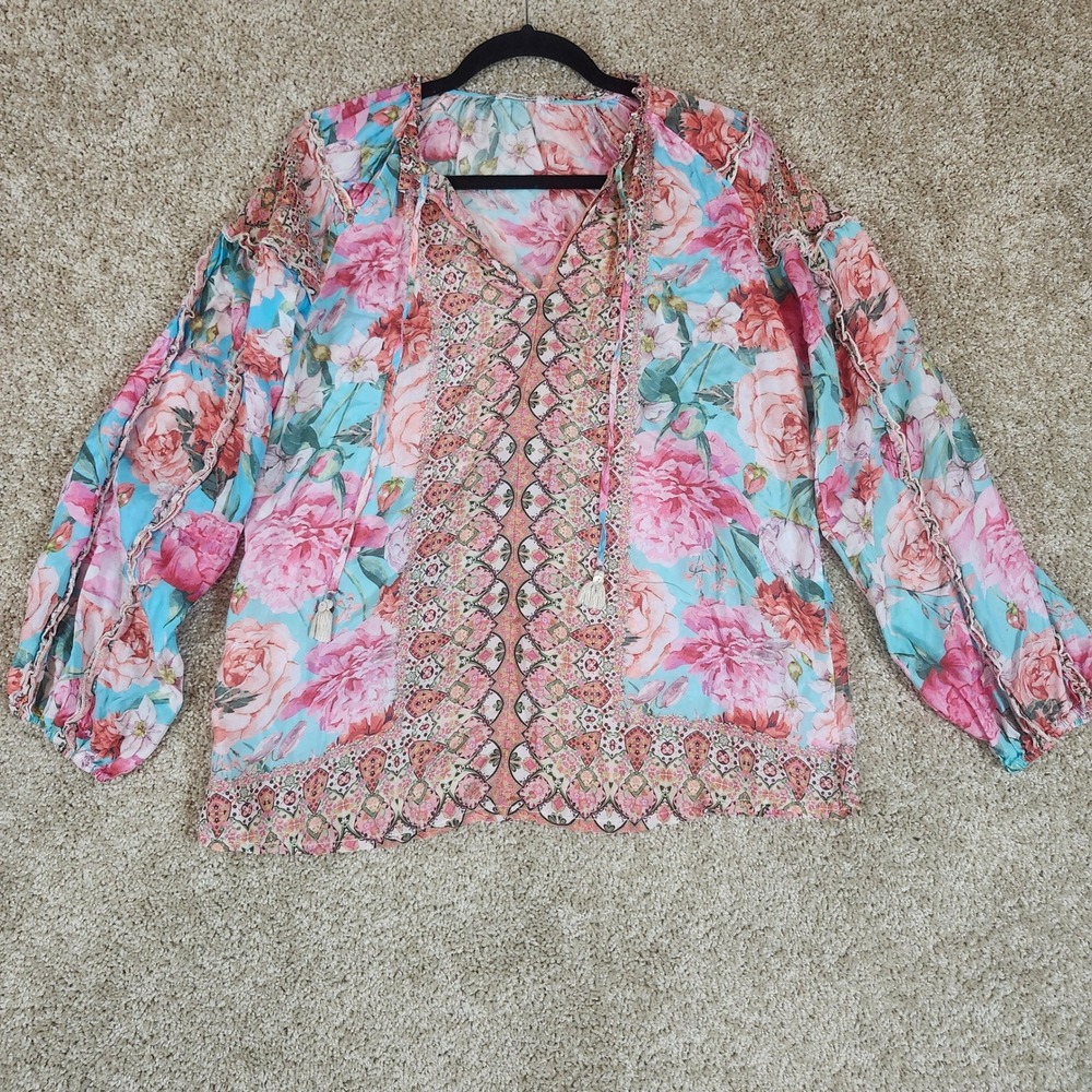 Johnny Was Blouse Floral 100% Silk Tassel‎ V-Neck Boho Pink Blue XS - Picture 2 of 9
